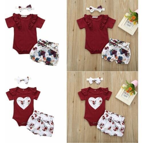 Newborn Baby Girls 0-24M Kid Clothes Jumpsuit Tops + Flowers Shorts + Headband 3PCS
