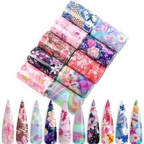 Floral Foil Transfer Set 3D Foil Designs Newspaper Words Flower Nail Transfer Foil 10pcs Nail Foil Starry Flower Sticker Decal
