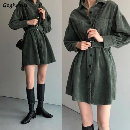 Dresses Women Corduroy Autumn Sashes High Waist Streetwear Korean Style Lantren Sleeve Loose Mini Button Fashion New Chic Lady