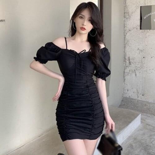 Retro Square Collar Casual Solid Dress Puff Short-Sleeve Pleated Hip Slim Tight Beach Dress 2021 Summer New