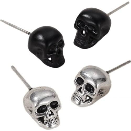 Black Silver Fashion Punk 3D Skull Head Hip-hop Stud Earrings Unisex Fashion Jewelry Skeleton Earring