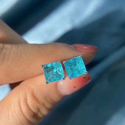 Vintage 100% 925 Sterling Silver Paraiba Tourmaline Gemstone Birthstone Ear Studs Earrings Ladies Fine Jewelry Wholesale