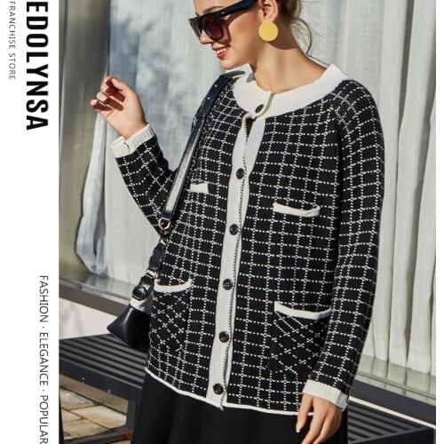 Plaid Knit Cardigan Autumn Drop Shoulder Cardigans Knitted Jumper Fashion Sweater Women Cardigan Spring Knitwear Jacket Y62
