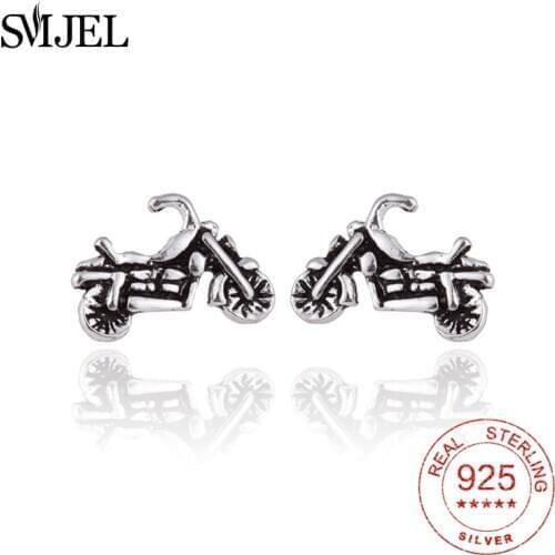 SMJEL 100% 925 Sterling Punk Motorcycle Stud Earrings for Women Men Original Vintage Style Lady Sterling-silver-jewelry Biker