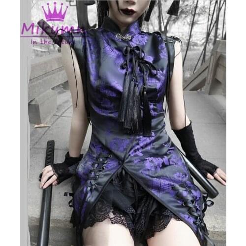 Gothic Women Chinese Style Stand Collar Button Bow Tassel Cheongsam Female Vintage Irregular Top Shirts Summer Streetwear