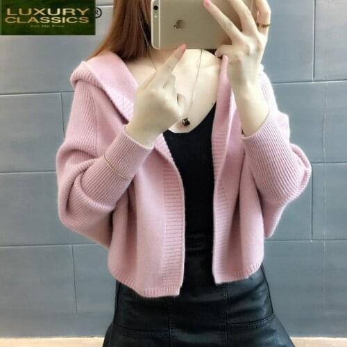 Women Sweater Cardigan Pink Winter Coat Female 2021 Korean Knitted Jacket Hooded Ladies Korean Pull Femme Sweaters LW1141
