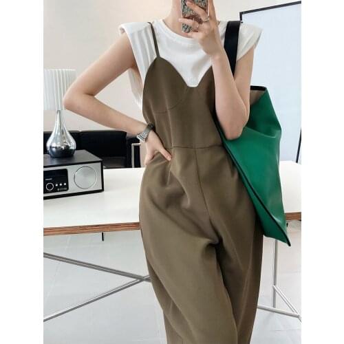 7003 Women Suits Overalls Summer Thin High Waist Loose Wide Legs Trousers Pure Black Vogue Simple Casual Daily Suspender Rompers