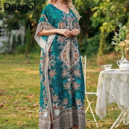 Deenor Womens Loose Robe Seaside Holiday Dress Womens Printed Dress Art Ethnic Print Skirt Female Sundress Summer 2021