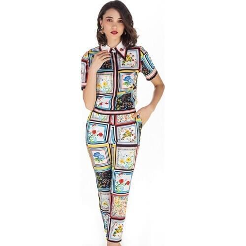 2019 Fashion Summer New Womens Sets Commuter Flower Print Diamond Beaded Sequins Doll Collar Nine Points Trousers Ladies Sets