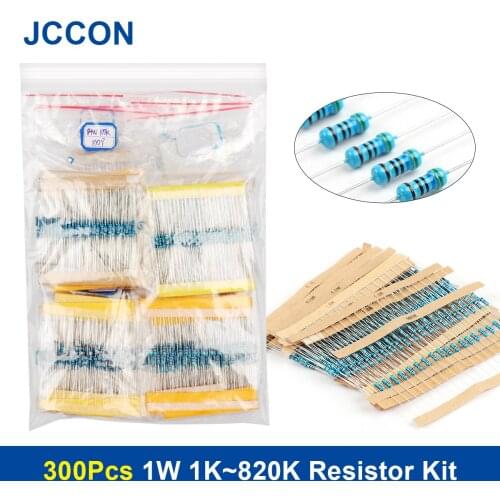 300Pcs 1W 1K~820K Metal Film Resistor Assorted Kit 30Values x 10Pcs=300Pcs Sample Kit Color Ring Resistance 1K 1K5 2K