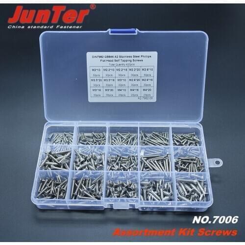 420pcs M2 M2.2 M2.6 M3 M3.5 M4 A2 Stainless Steel Phillips Flat Head Self Tapping Screws DIN7982 Assortment Kit NO.7006