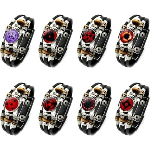 Shippuden Anime Snap Button Bracelet Uchiha Sasuke Icon Sharingan Eye Jewelry Cosplay Multilayer Black Leather Bracelets for Men