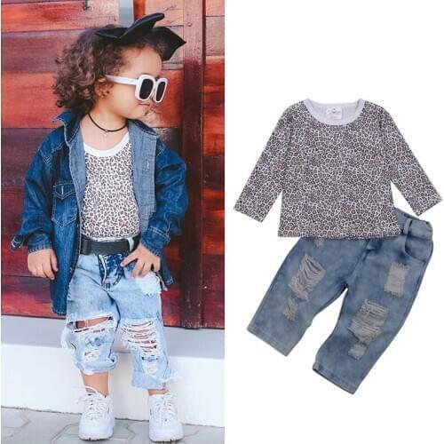 Toddler Boy Girl Clothing Autumn Leopard Print Long Sleeve Top+Holes Denim Pants Loose Long Trousers 2pcs Outfits