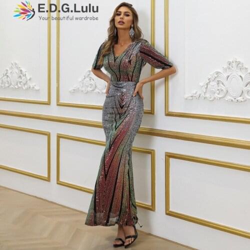 EDGLuLu Vintage V-neck Short Sleeve Dresses For Women 2021 Elegant Light Discoloration Stripes Sequins Party Evening Dress 0619