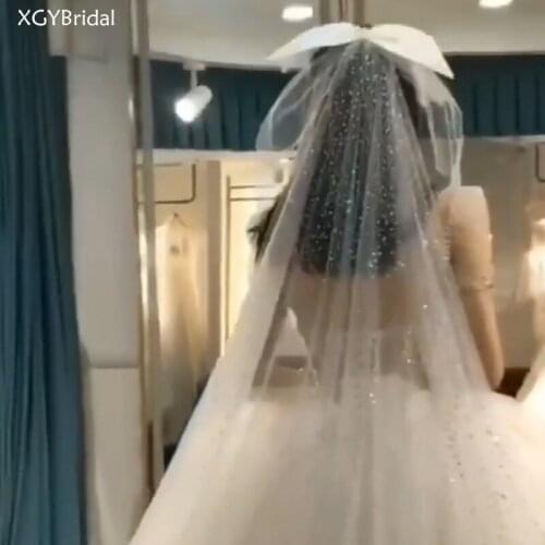 2021 New Arrival Wedding Veils Two Layer Cathedral Veil Two-Layer Appliqued Bead Edge Bow-Knot Flash Drilling With Comb