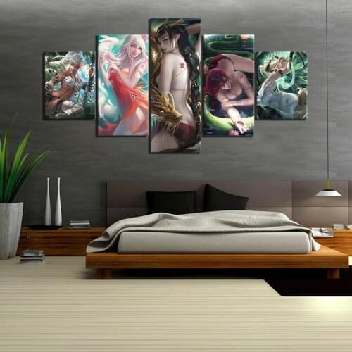 Prints Pictures Home Wall Artwork Modular Poster 5 Panel Sexy Cartoon Girl Paintings On Canvas Living Room Decorative Framed