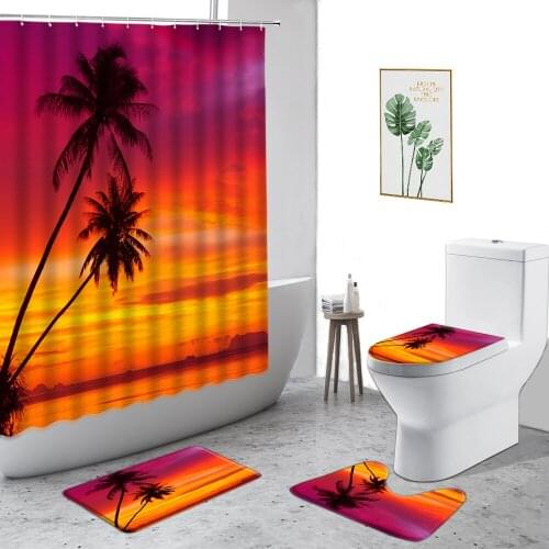 Beautiful Coastal Sunset Scenery Shower Curtain Beach Rock Palm Trees Dusk Background Bathroom Decor Non-Slip Carpet Door Mat