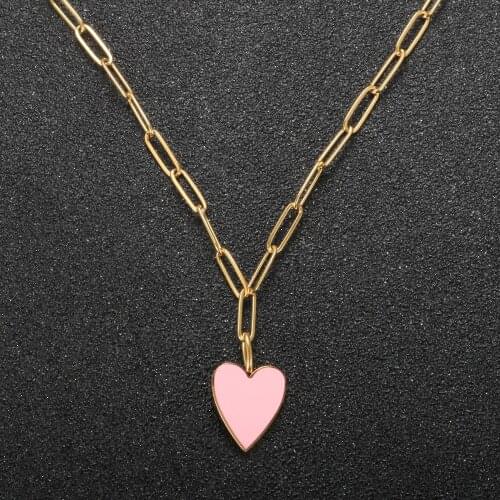 Fashion Pink Peach Love Necklace Enamel Heart Necklace For Women Stainless Steel Minimalist Gold Long Sweater Necklace