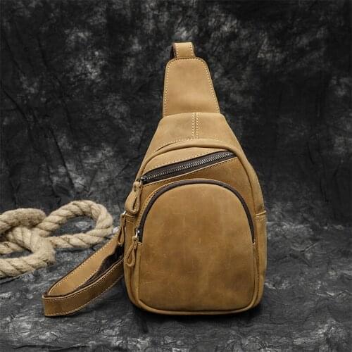 Luufan Retro Multifunctional Genuine Leather Mens Chest Bag Crazy Horse Cowhide Pack Sling Pack Shoulder Messenger Bags