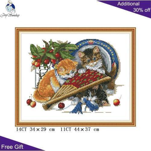 Joy Sunday Cats And Fan Cross Stitch DA324 14CT 11CT Counted and Stamped Home Decor Kittens And Fan Cross Stitch kits