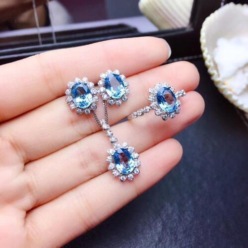 Natural blue topaz gem S925 silver ring Pendant earrings natural gemstone Jewelry Set Diana round Sun flower girl gift jewelry
