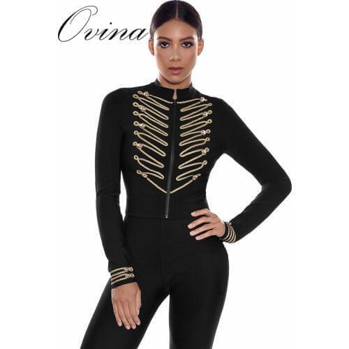 New Arrival Black Long Sleeve Zipper Button Rayon Slim Bodycon Bandage Coat Fashion Women Jackets