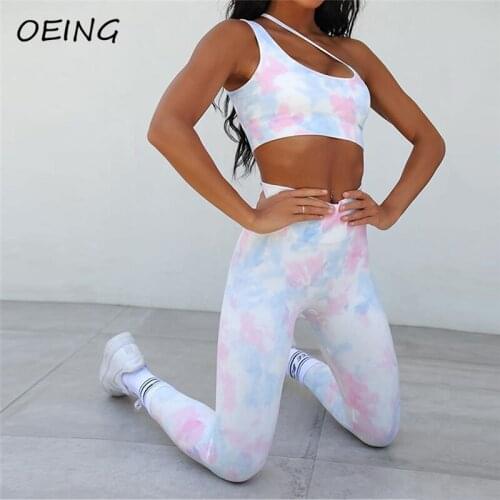Print Workout Clothes for Women Tights Yoga Sets One Shoulder Sexy 2 Pc Sport Wear Seamless Legging Set