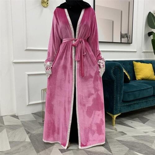 Autumn Winter Velvet Kimono Open Front Abaya Muslim Women Lace Patchwork Turkey Dubai Abaya Long Cardigan Duster Hijab Dress