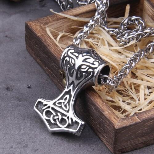 Stainless Steel Nordic Large Norse Viking Thors Hammer Mjolnir Pendant Necklace with viking wooden box as gift