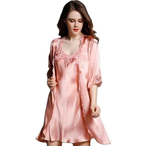 P9939 New Fashion 100% silk Bathrobe Female Spring and summer Nightwear luxurious Leisure Wear Nightgown Sets