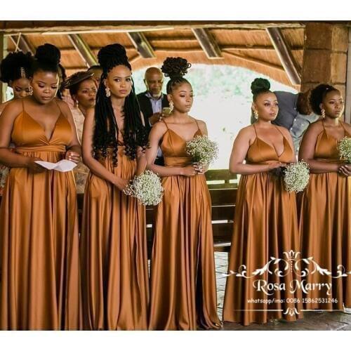 Plus Size African Cheap Bridesmaids Dresses 2020 A Line Long Satin Black Girls Country Beach Maid Of Honors Wedding Guest Gowns