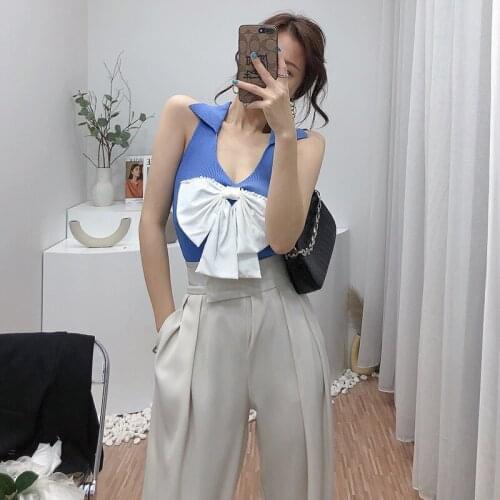 Sexy V-neck Sleeveless Knitted Vest Women Fashion Pearl Bow Lapel Tank Top Mujer Verano 2021
