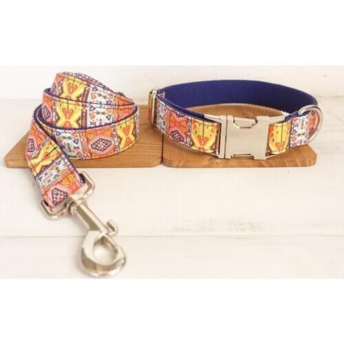 Blue Bohemian Pet Dog Collar Leash Set for Small Medium Large Dogs, Dog Collar Lead Breakaway Collars for Dog puppy Pet