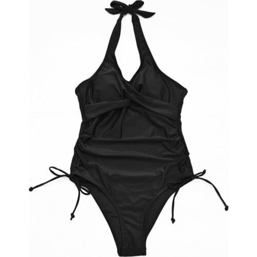 Outdoor EU US Style Women One Piece Swimwear Sexy Front Cross Drawstring Swimsuit Solid Color