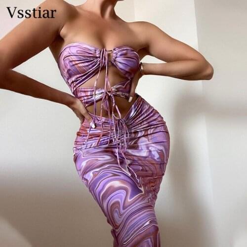 Vsstiar Sexy Midi Dress Sleeveless Draw String Clubwear Summer Backless Bodycon Women Outfits Fashion Beach Print Vestidos