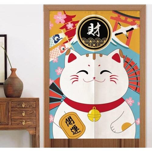 Japanese cartoon fortune cat cotton linen thickness door curtain fabric hanging kitchen bedroom partition decoration door screen