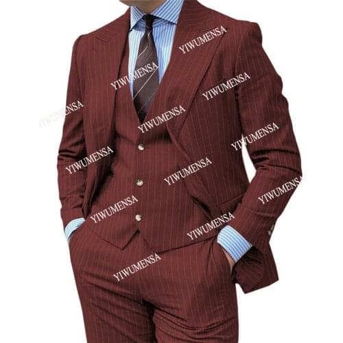 YIWUMENSA Spring Wine Red Male Suits For Wedding Prom Party Dress Custom Made 3 Pieces Peaked Lapel Jacket+Vest+Pants Set Blazer