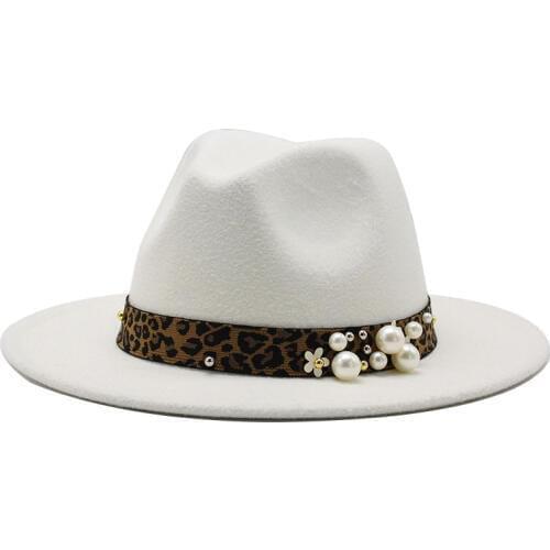 2020 Women Wide Brim Imitation Wool Felt Fedora Hats Fashion Church Party Female Dress Hat Pearl Ribbon Decor White Hat 56-61CM