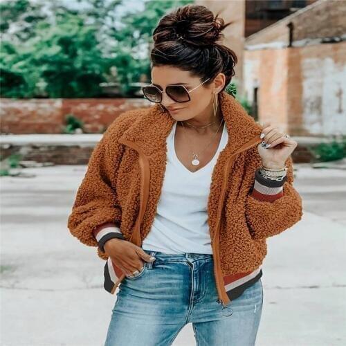 Autumn Winter Lapel Warm Velvet Sweatshirts Women Loose Long Sleeves Zipper Coat Woman Female Stitching stripe Casual Jackets