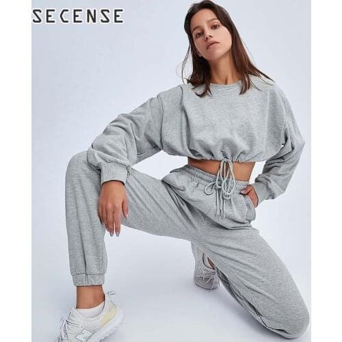 2021 Womens Tracksuits Drawstring 2 Piece Set Cotton Short Sweatshirt and High Waist Pants Set Female Streetwear Jumper Ladies