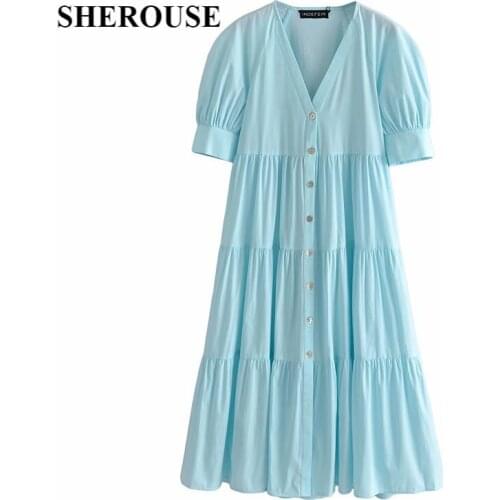 2021 New Summer Women Patchwork Buttoned Dress V-Neck Oversize Loose Maxi Dresses Chic Lady Fashion Casual Women Clothes