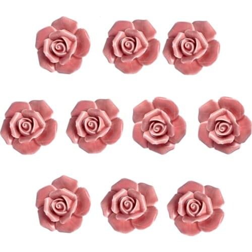 10 Pcs Ceramic Vintage Floral Rose Flower Door Knobs Handle Drawer Kitchen + Screws (Pink)