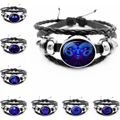 2020 New Blue 12 Constellation Glass Convex Round Snap Button Black Hand-made Bracelet Personalized Bracelet Jewelry