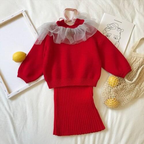 2021 Christmas Clothes New Autumn Winter Girls Fashion Knitted Clothing Set Ruffles Mesh Sweater Skirt Suits Children Clothing