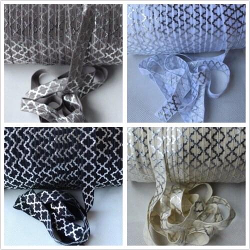 Silver Foil Big Quatrefoil Fold Over Elastic Ribbon 50Yards-FOE Elastic, Accept Custom print
