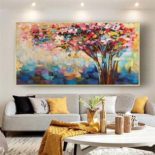 Large 100% handmade thick texture picture 100% hand-painted palette knife trees oil painting canvas wall art living room artwork