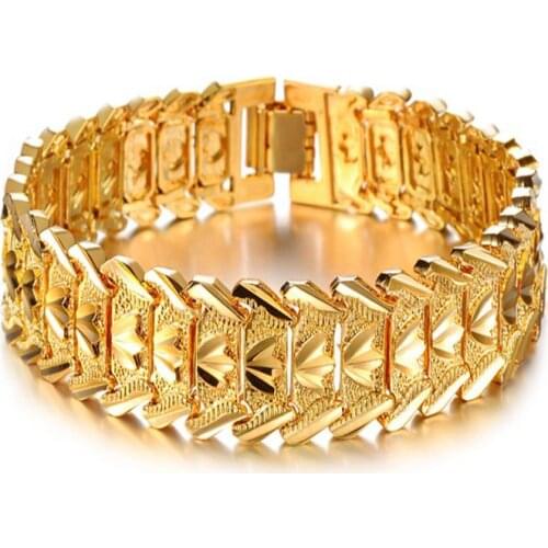 Yellow Gold Filled Adjustable Length Wide Wristband Mens Bracelet Chain Link