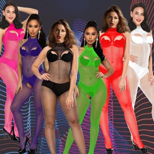 Sexy Fishnet Lace Seduction Choker Backless Bodystocking Catsuit Lingerie Open Crotch Bra Cup Bust Underwear Costumes Jumpsuit