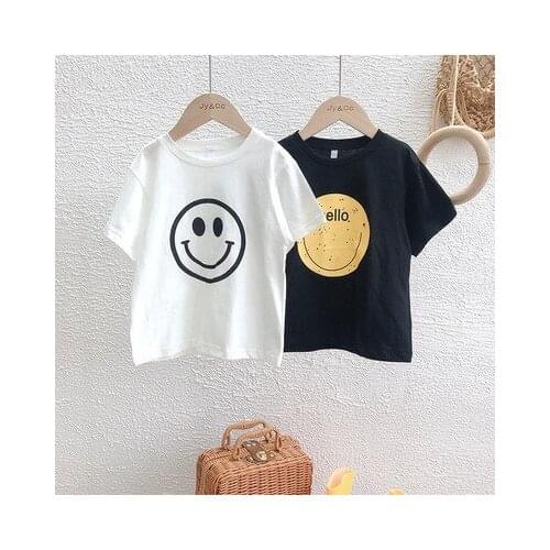 Childrens Short-sleeved T-shirt 2021 Summer New Cute Big Smiley Print Korean Half-sleeved O-neck Top Casual Kids Print T Shirt