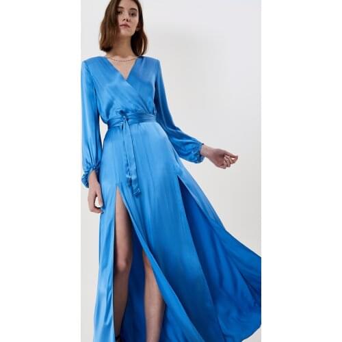 Italy Vibrant Gem Blue/Black/Orange Pink Slit Long Satin Maxi Belted Dress Sexy Deep-V Neck Puffy Lantern Sleeve Date Night Gown